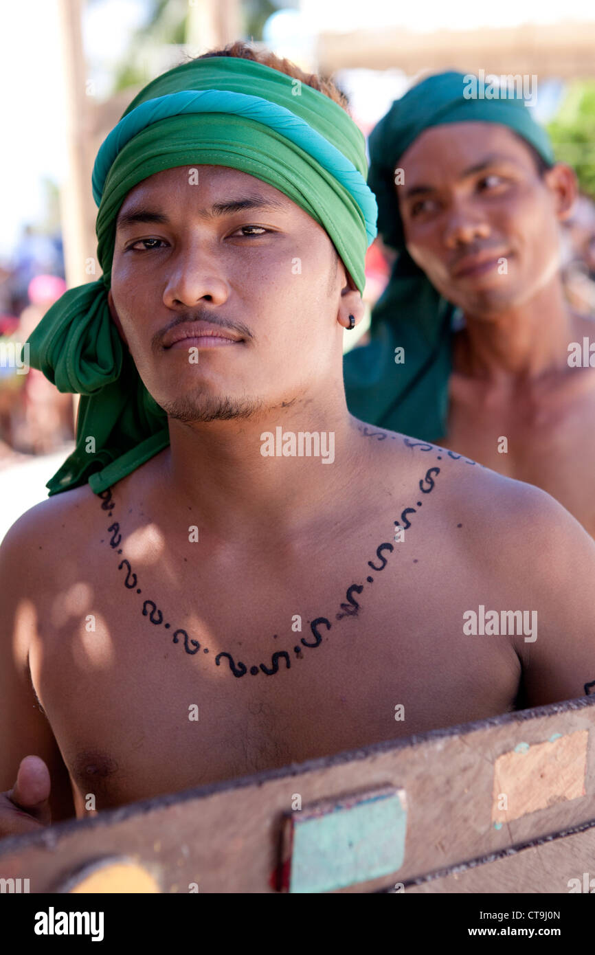 The warriors of Lapu-Lapu, a native chieftain of Mactan Island, getting ready for the battle at the Battle of Mactan reenactment Stock Photo