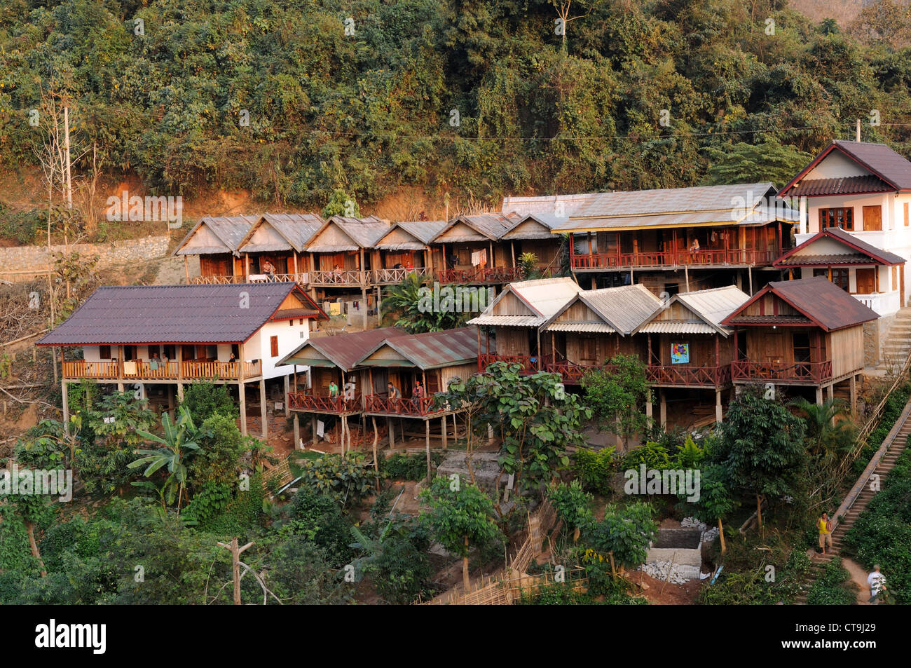 Hotel built in traditional style Nong Khiaw Village Laos Stock Photo
