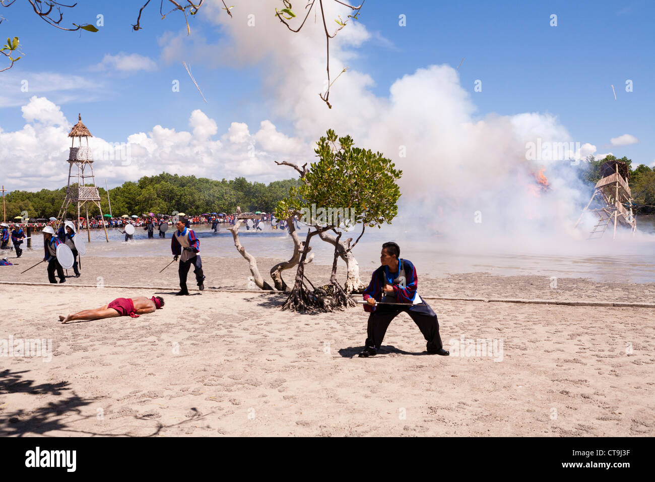 Spaniards attacking at the Battle of Mactan reenactment or Kadaugan Festival. Lapu-Lapu City, Philippines Stock Photo