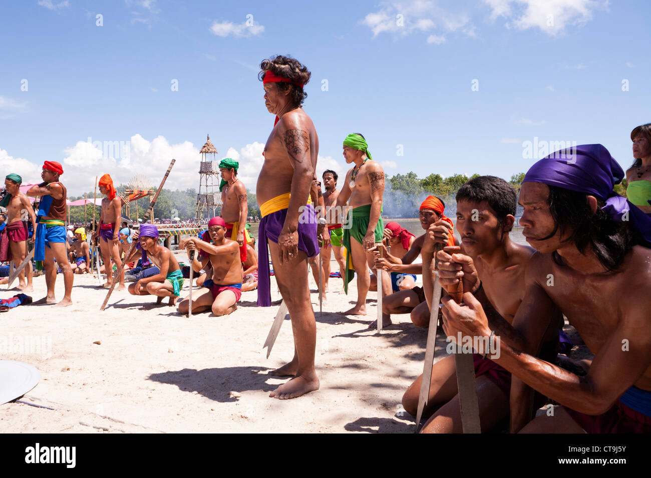 The native warriors at the Battle of Mactan reenactment or Kadaugan Festival. Lapu-Lapu City, Philippines Stock Photo