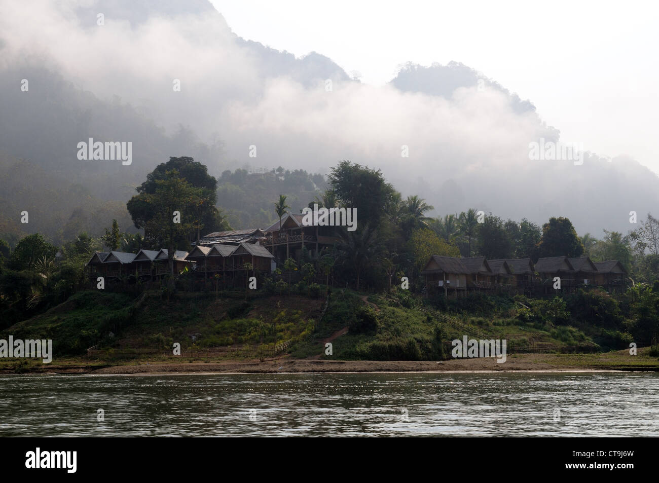 Nong Khiaw Village and Nam Ou River in early morning mist Laos Stock Photo