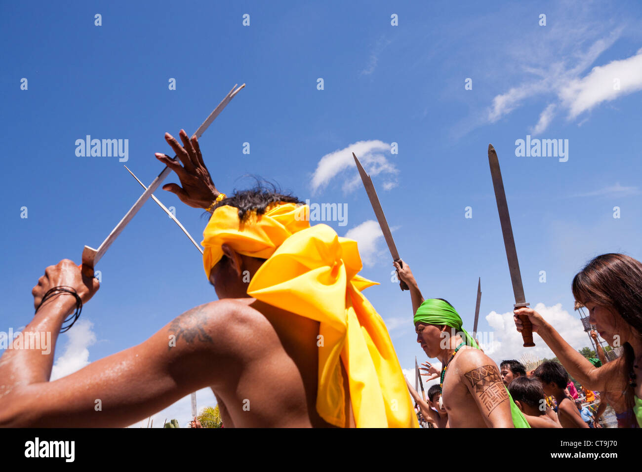The native warriors celebrate victory and the death of Magellan at the Battle of Mactan reenactment, Lapu-Lapu City, Philippines Stock Photo