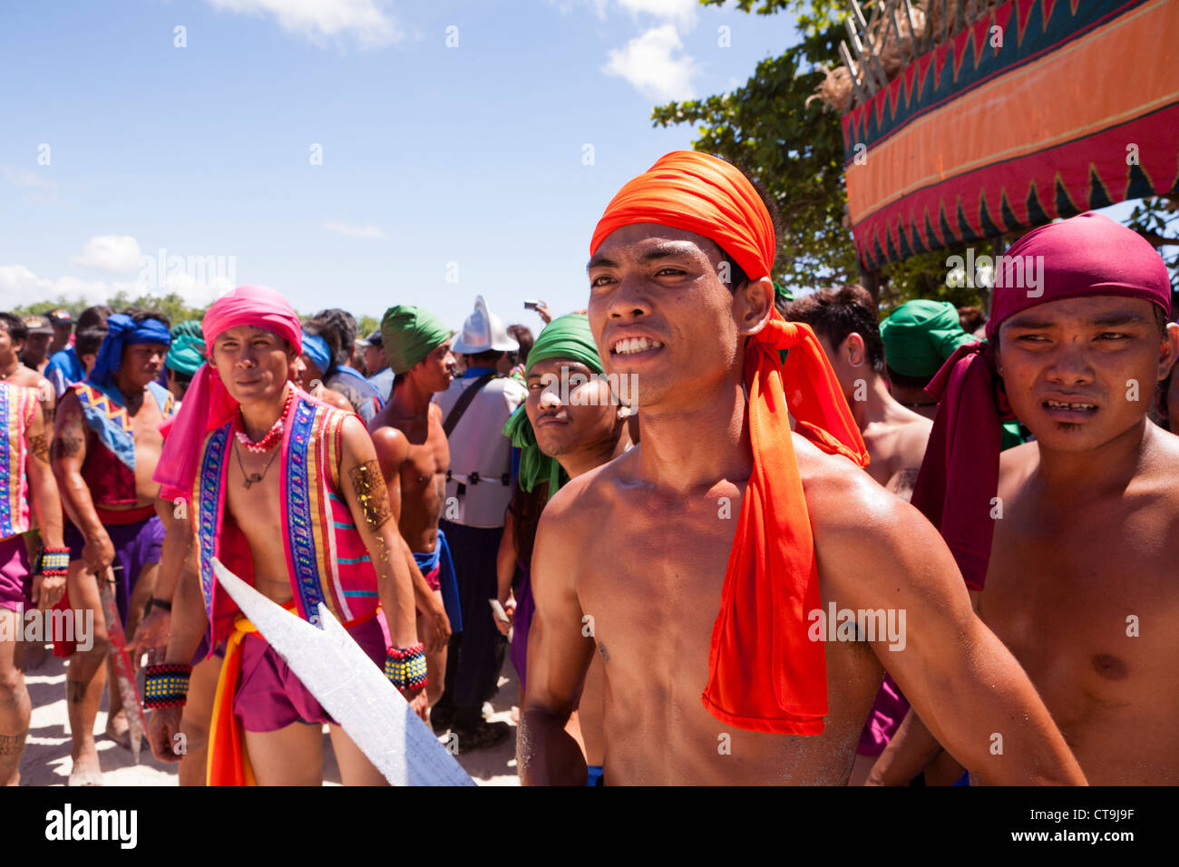 The native warriors at the Battle of Mactan reenactment or Kadaugan Festival. Lapu-Lapu City, Philippines Stock Photo