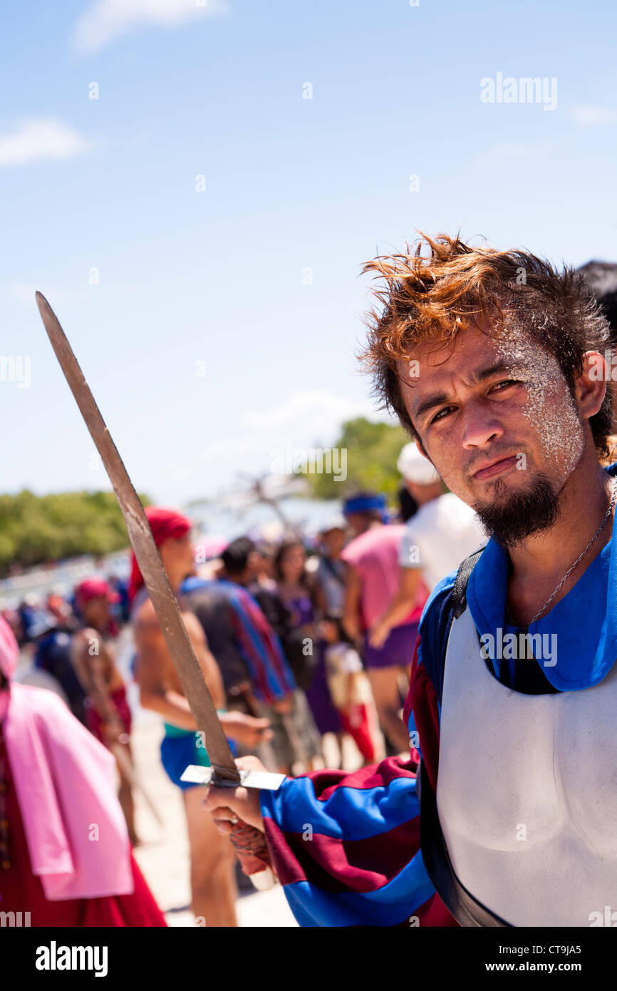 One of the actors who played the Spaniards at the Battle of Mactan reenactment or Kadaugan Festival. Lapu-Lapu City, Philippines Stock Photo