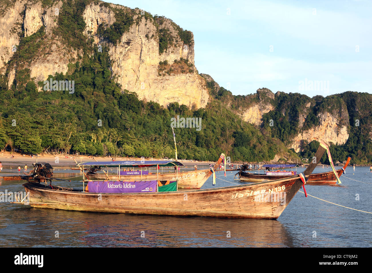 Long tail boats on Ao Nang Beach in Krabi, Thailand. Stock Photo