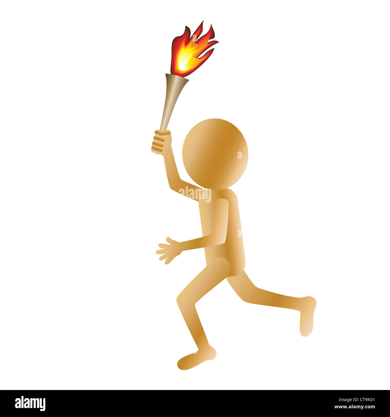 illustration of a running golden 3d man carrying a torch isolated in white background. Stock Photo