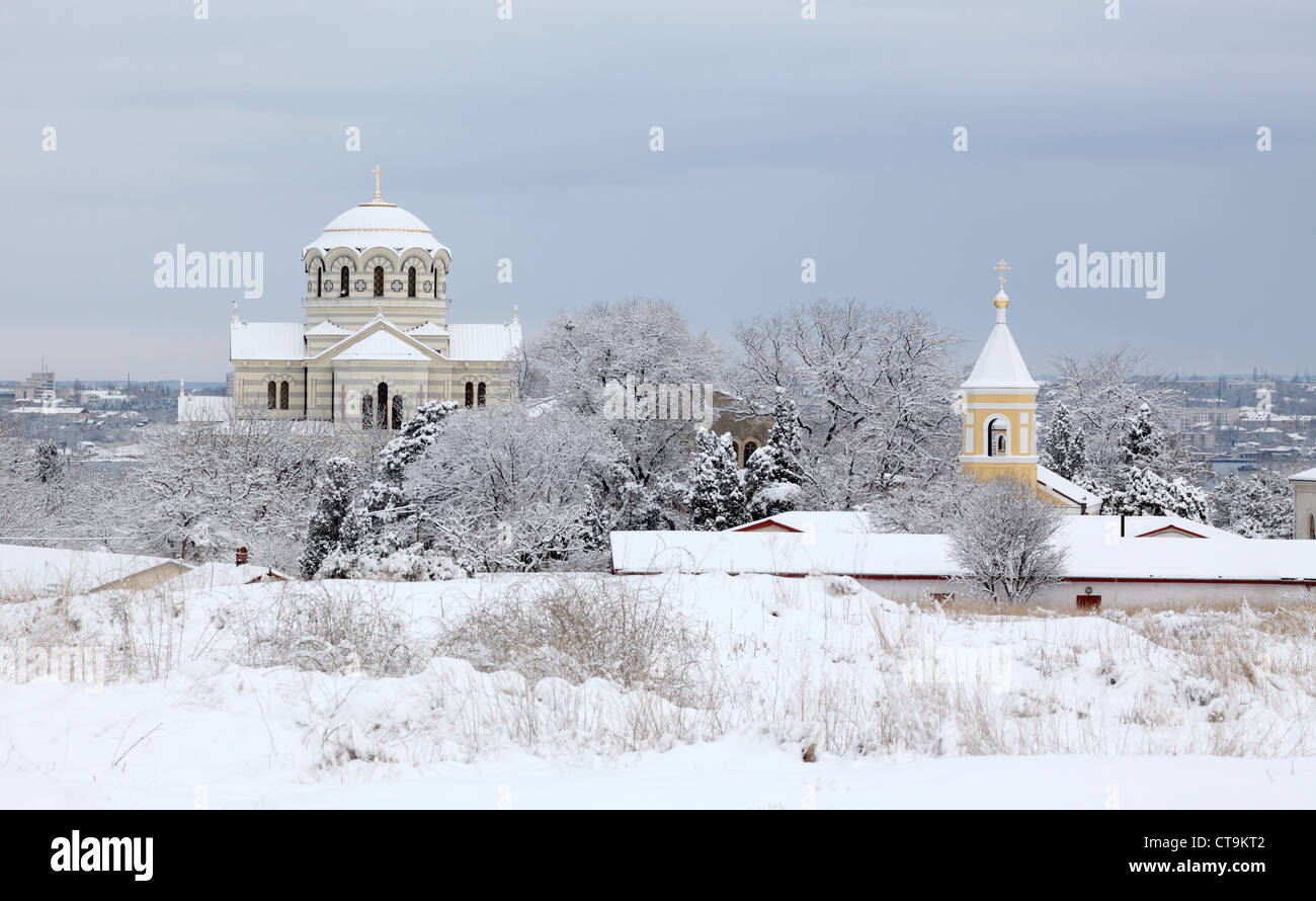 Cathedral in winter, St. Vladimir's Cathedral, Chersonese, Sevastopol, Ukraine Stock Photo