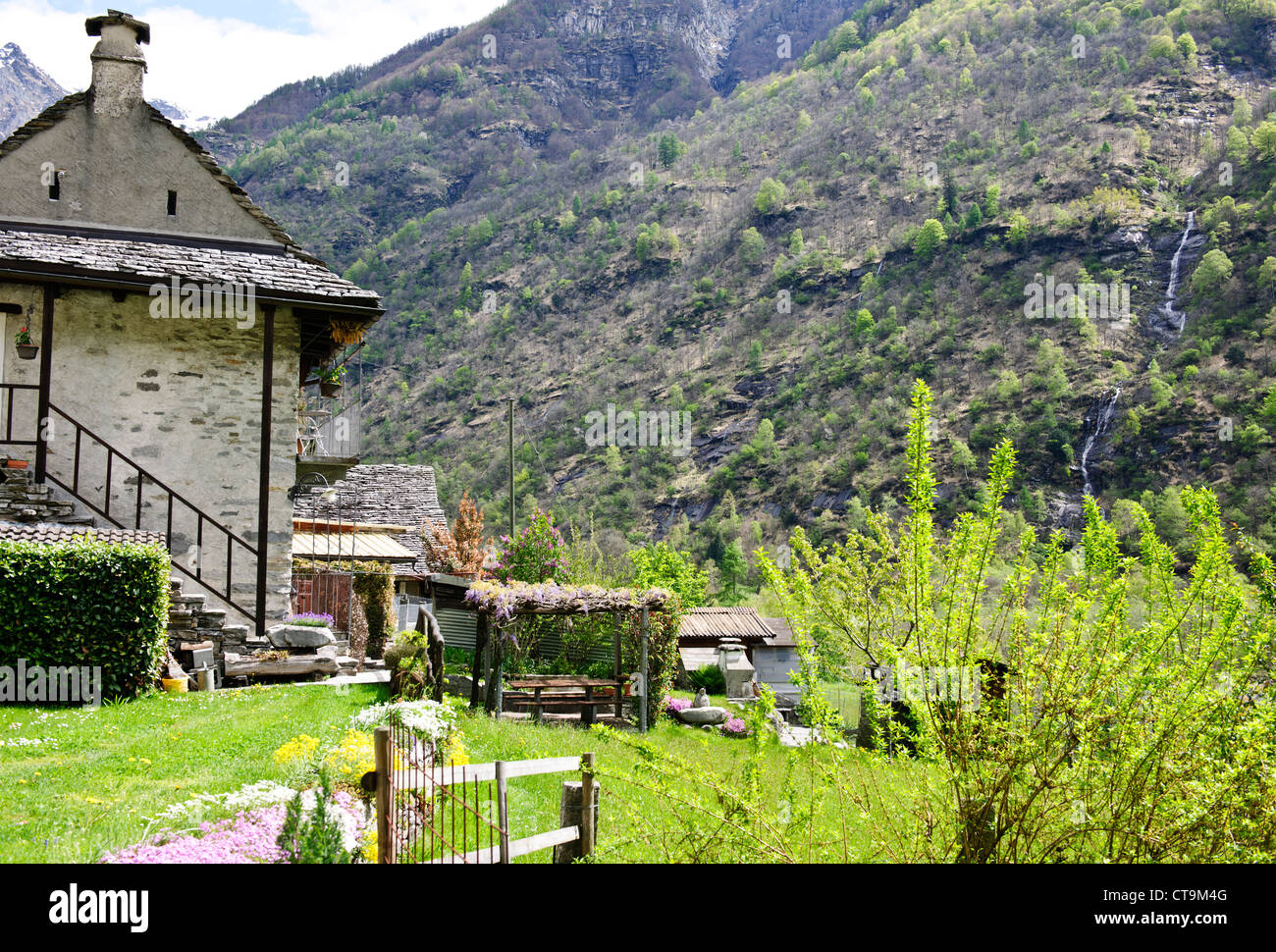 Gerra,Typical Stone Farmhouses,Village,Very large Slate roofs,Val Verzasca, Verzasca Valley,Swittzerland Stock Photo