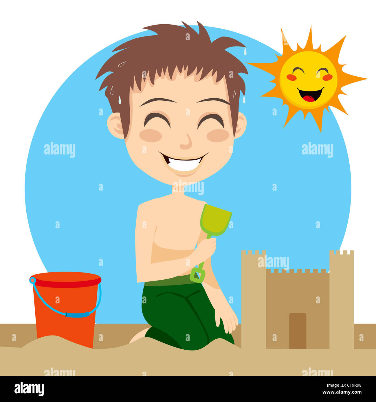 Little boy sweating building a sandcastle on the beach with shovel and