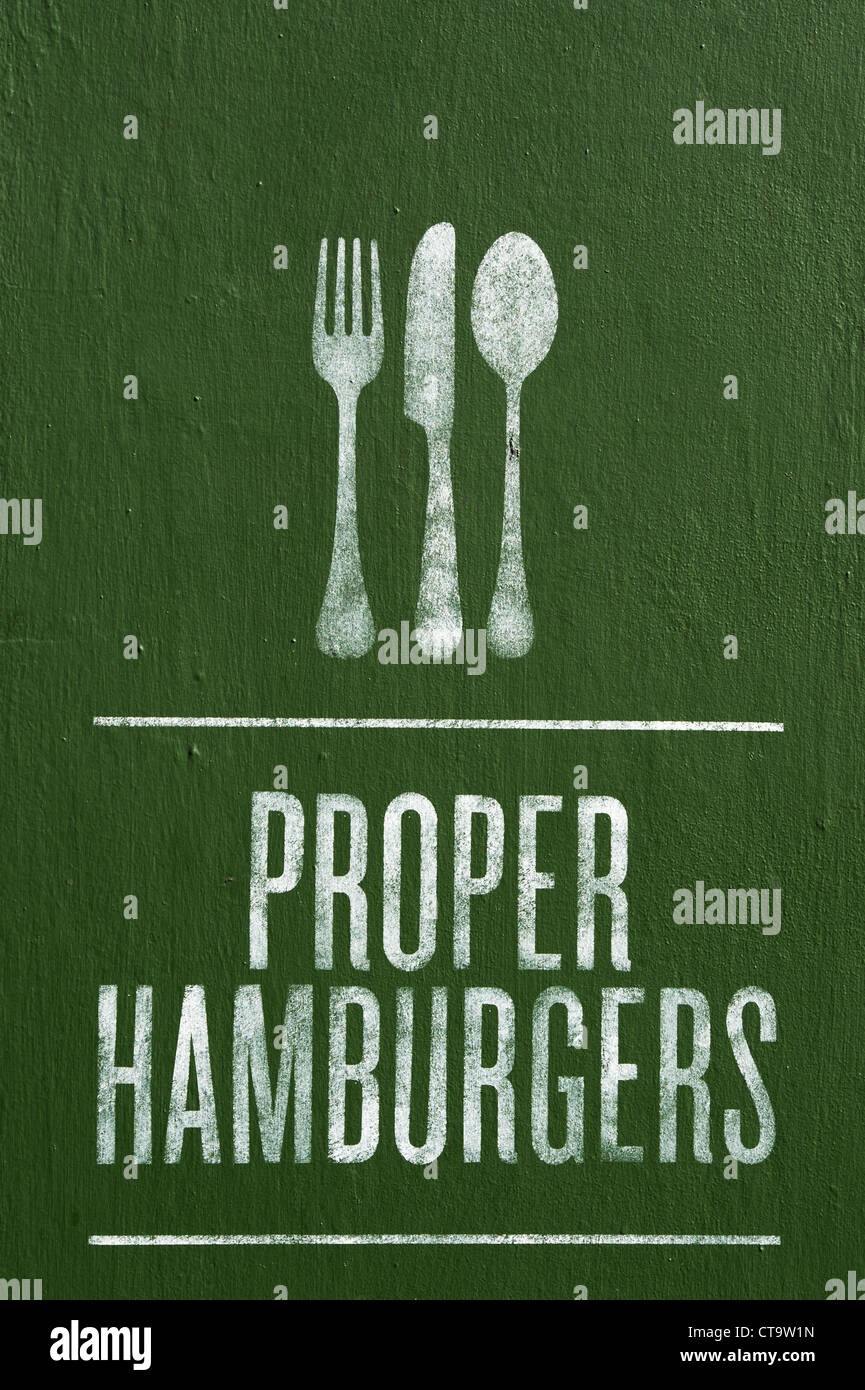 Proper Hamburgers stencil sign painted on a wall. London, Engalnd Stock Photo