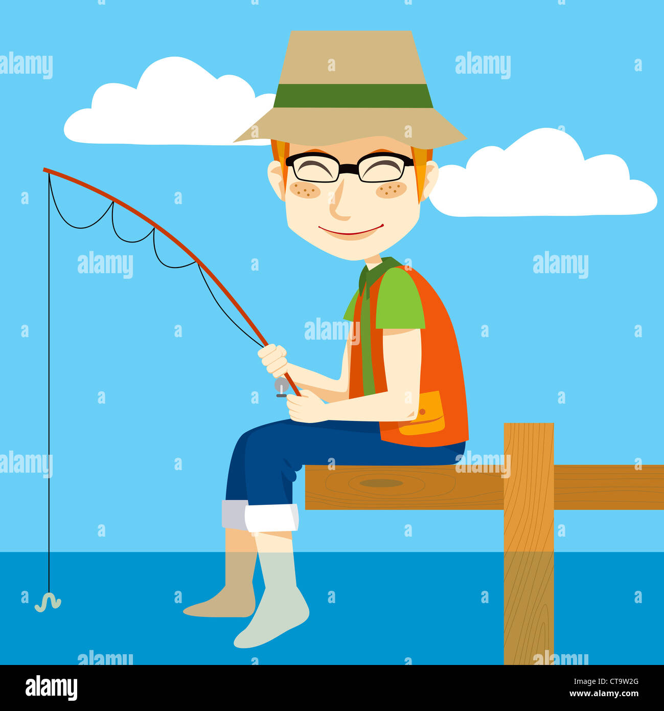 Man sitting on a dock fishing with rod and refreshing feet on water ...