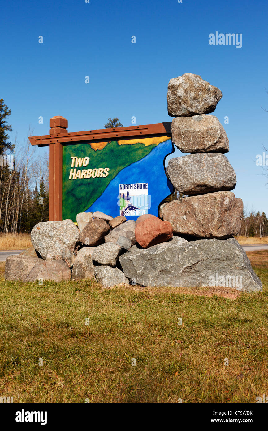 Sign at the entrance to Two Harbors, Minnesota on the scenic North Shore. Stock Photo