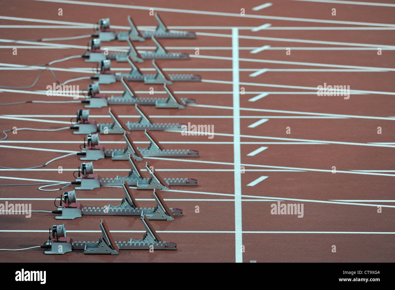 Starting Blocks a Running Track in an Athletics Stadium Stock Photo Alamy