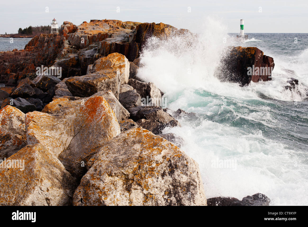 Breakwater at Grand Marais, Minnesota on Lake Superior with some rough waves. Stock Photo