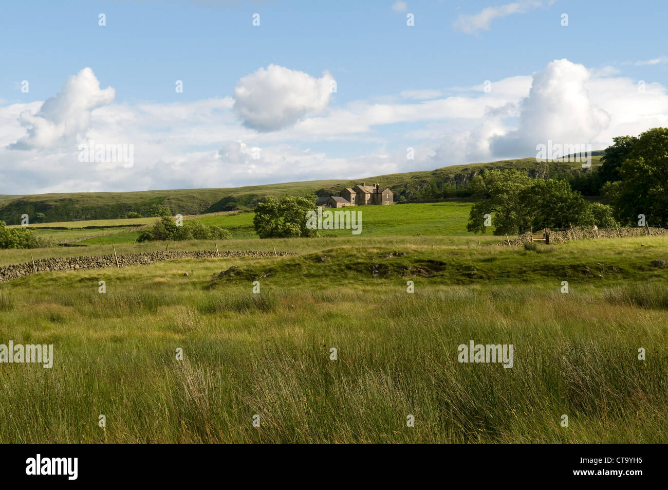 English Countryside with puffy clouds under a blue sky Stock Photo