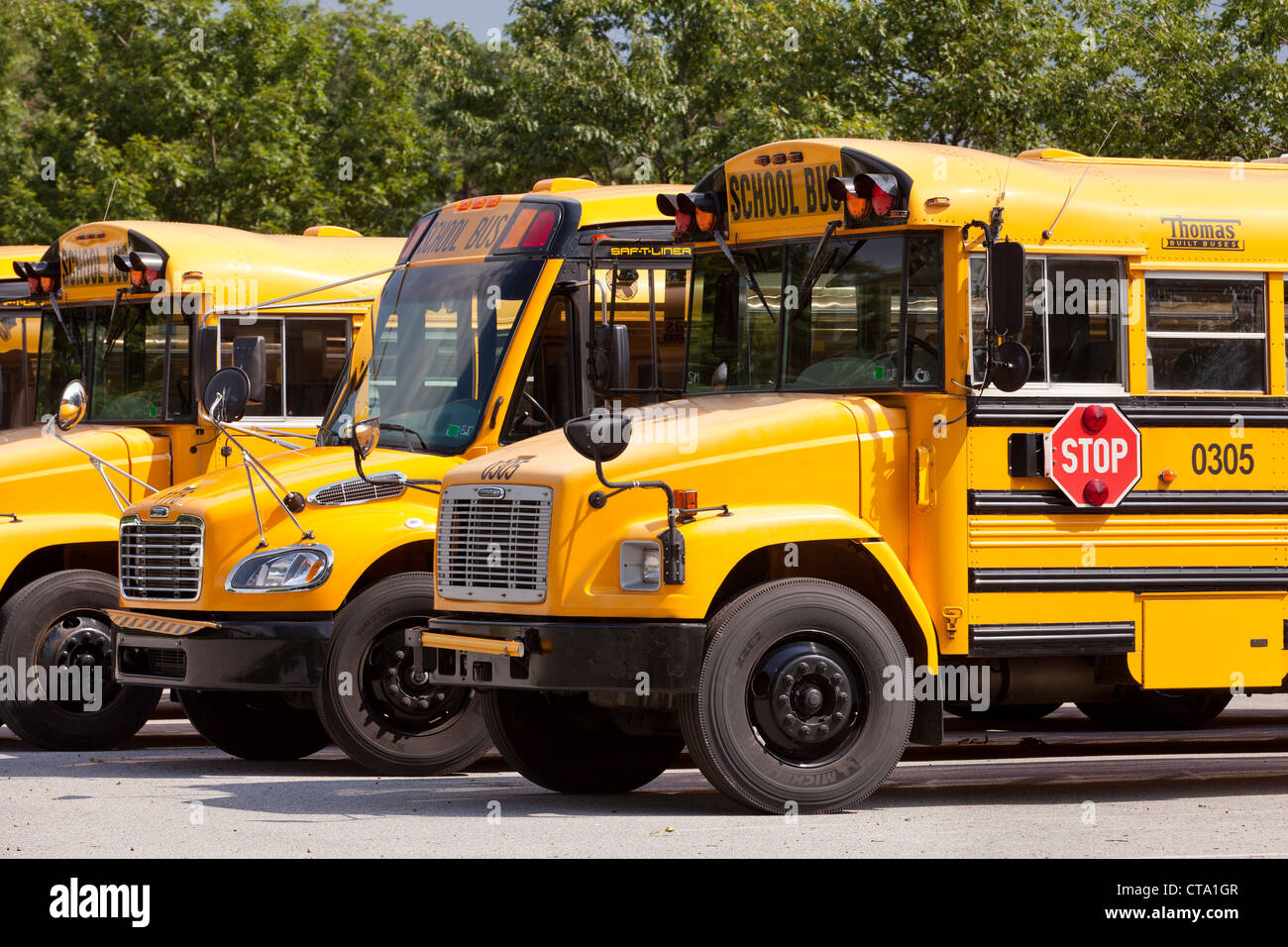 Parked school buses Stock Photo