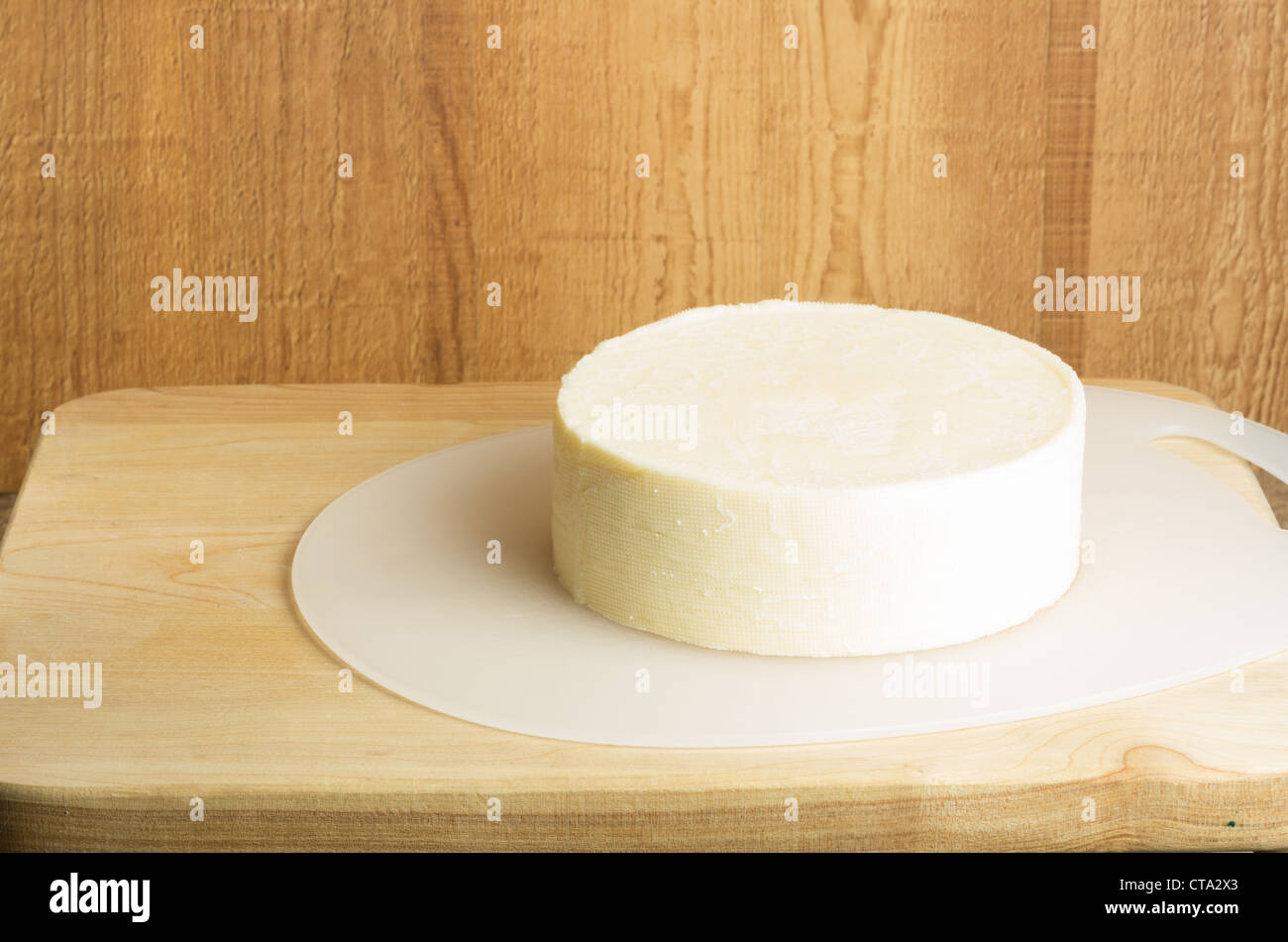 Cheese block of round white cheddar Stock Photo