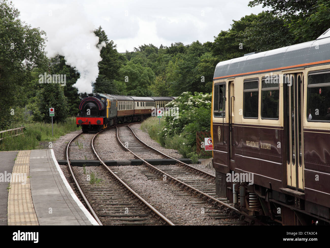 Steam train approaching Stanhope Station, Weardale Railway, NE England