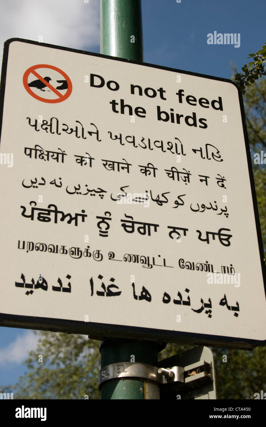 Multi lingual multicultural 'Do not Feed the Birds' sign in multiple languages showing Hindi, Marathi, Napali and Arabic Stock Photo