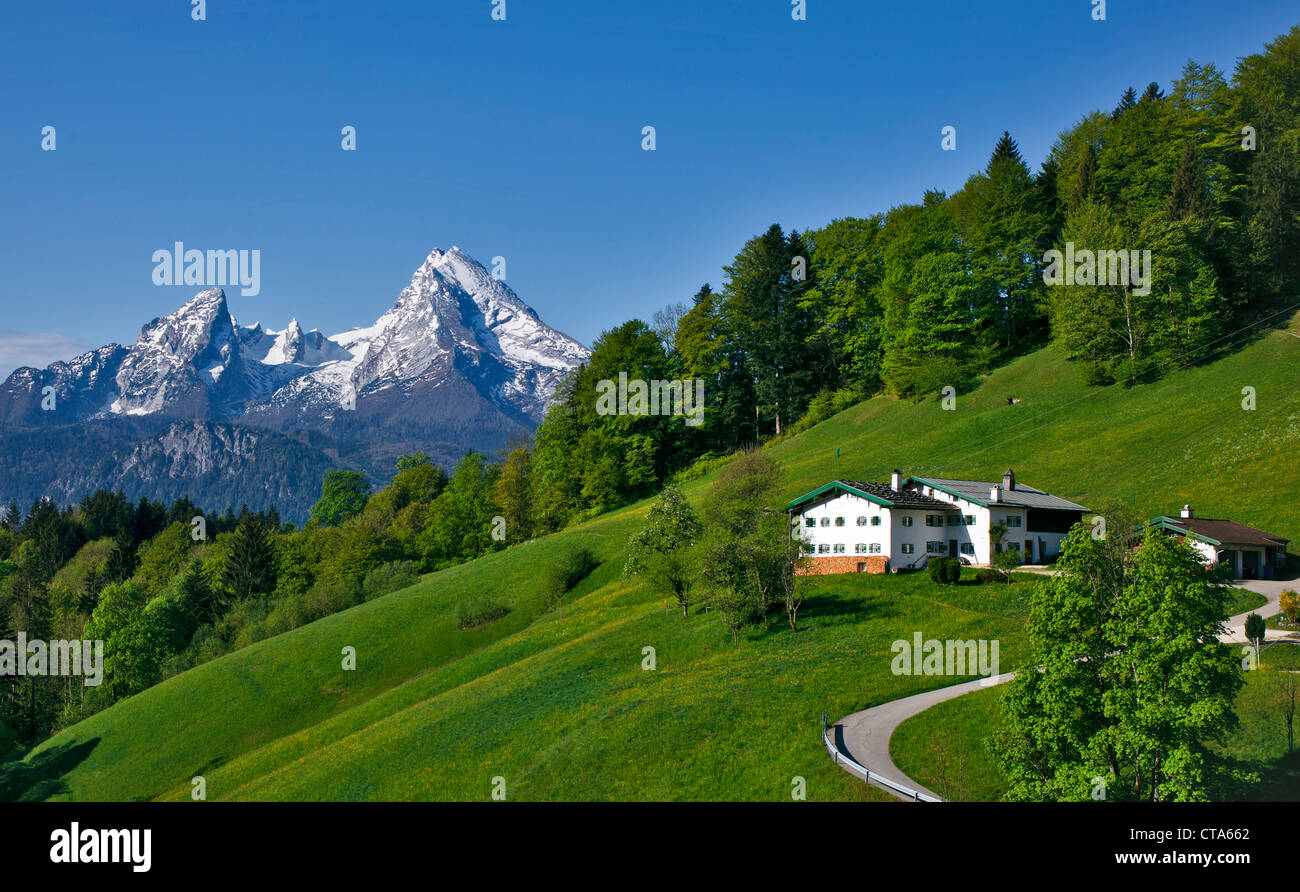 Maria Gern and the Watzmann in the sunlight, Berchtesgadener Land, Upper Bavaria, Germany, Europe Stock Photo