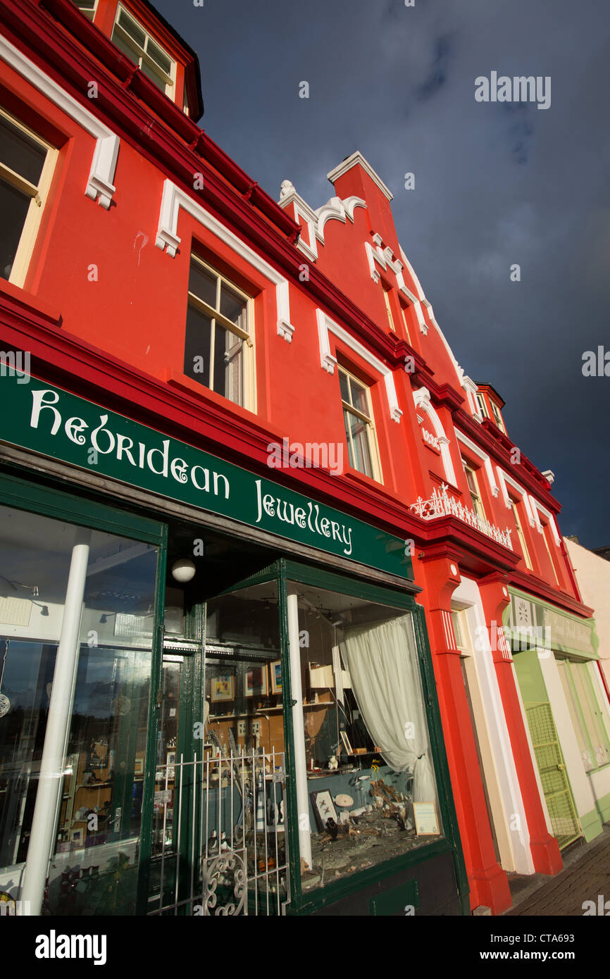 Town of Stornoway, Lewis. Picturesque evening view of craft and food shops in Stornoway’s Cromwell Street. Stock Photo
