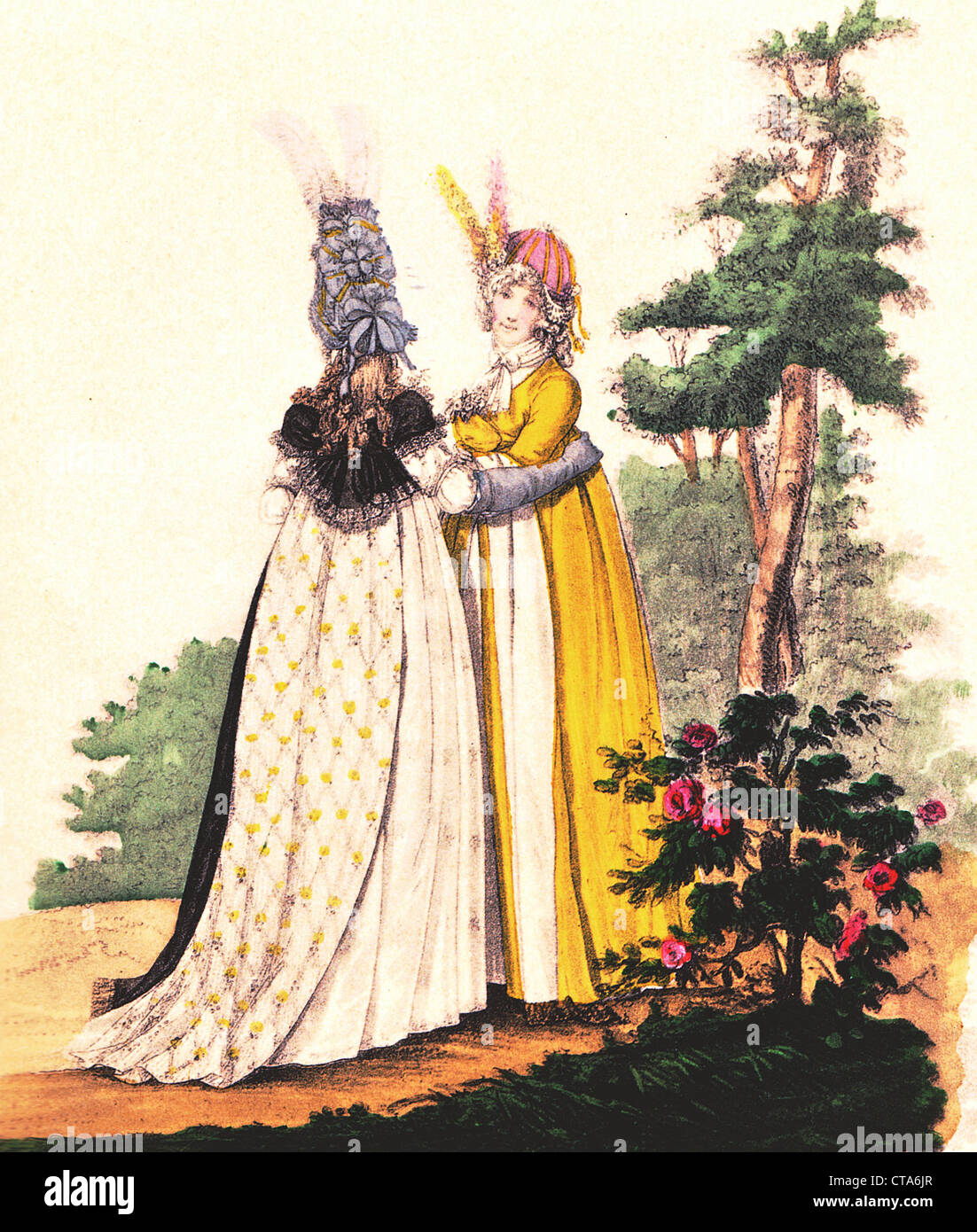 1796 Gallery of fashion, London. two ladies wearing floral hats chatting in the park, vintage fashion illustration Stock Photo