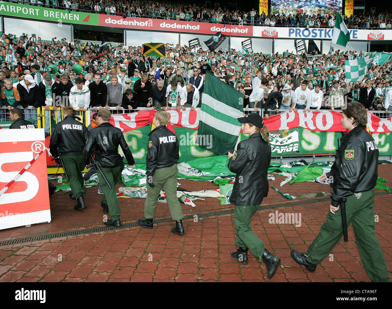 Police on a fan curve at the Weser Stadium, Bremen Stock Photo