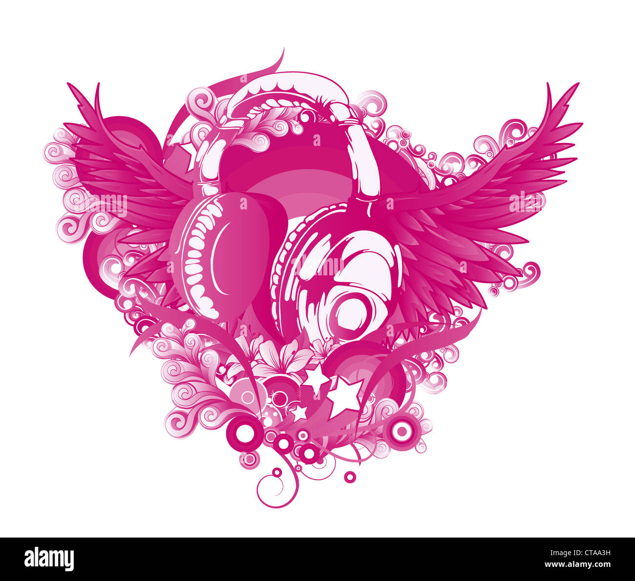 vector music illustration with headphones Stock Photo - Alamy