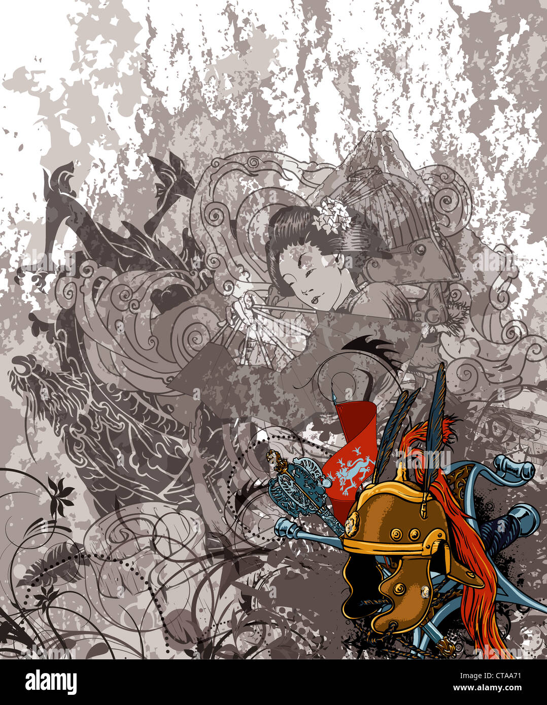 vector japanese background with helmet Stock Photo - Alamy