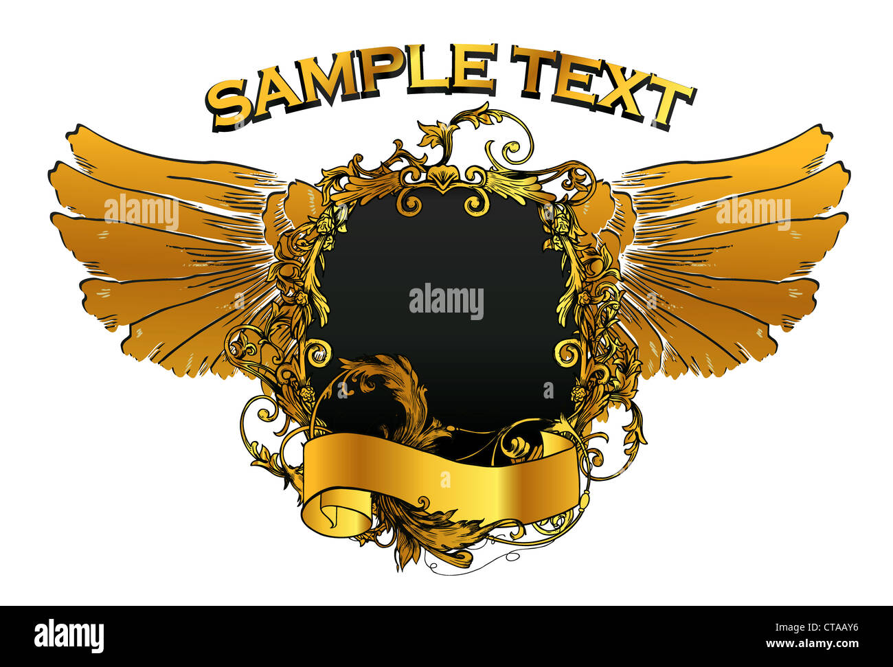 vintage emblem with wing, floral and scroll Stock Photo - Alamy