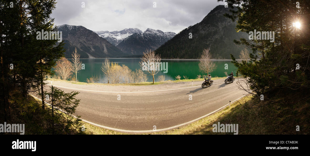 Motorbikers at lake Plansee, Motorbike tours around Garmisch, Tyrol, Austria Stock Photo