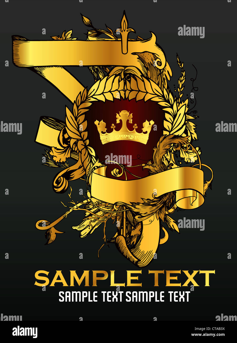 vintage emblem with crown, floral and scroll Stock Photo - Alamy