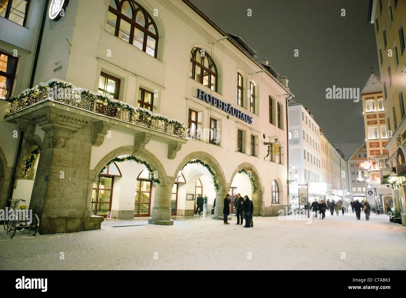 Snow near Hofbraeuhaus am Platzl, Old part of Munich, Munich, Bavaria, Germany Stock Photo