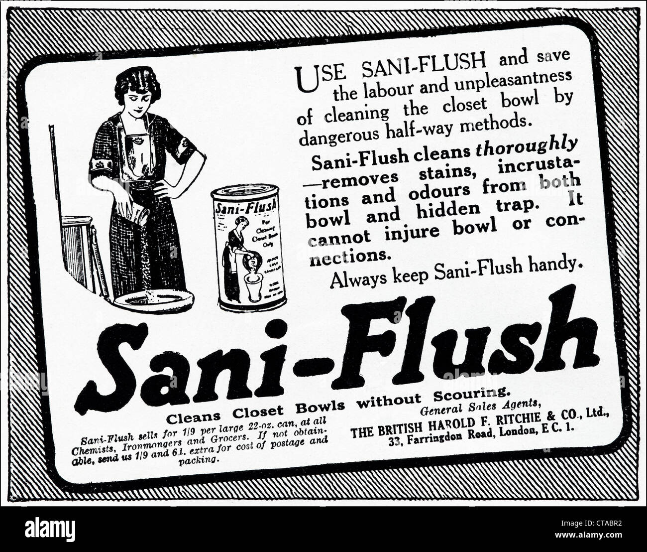 Original 1920s vintage print advertisement from English consumer magazine advertising SANI-FLUSH for cleaning toilets Stock Photo