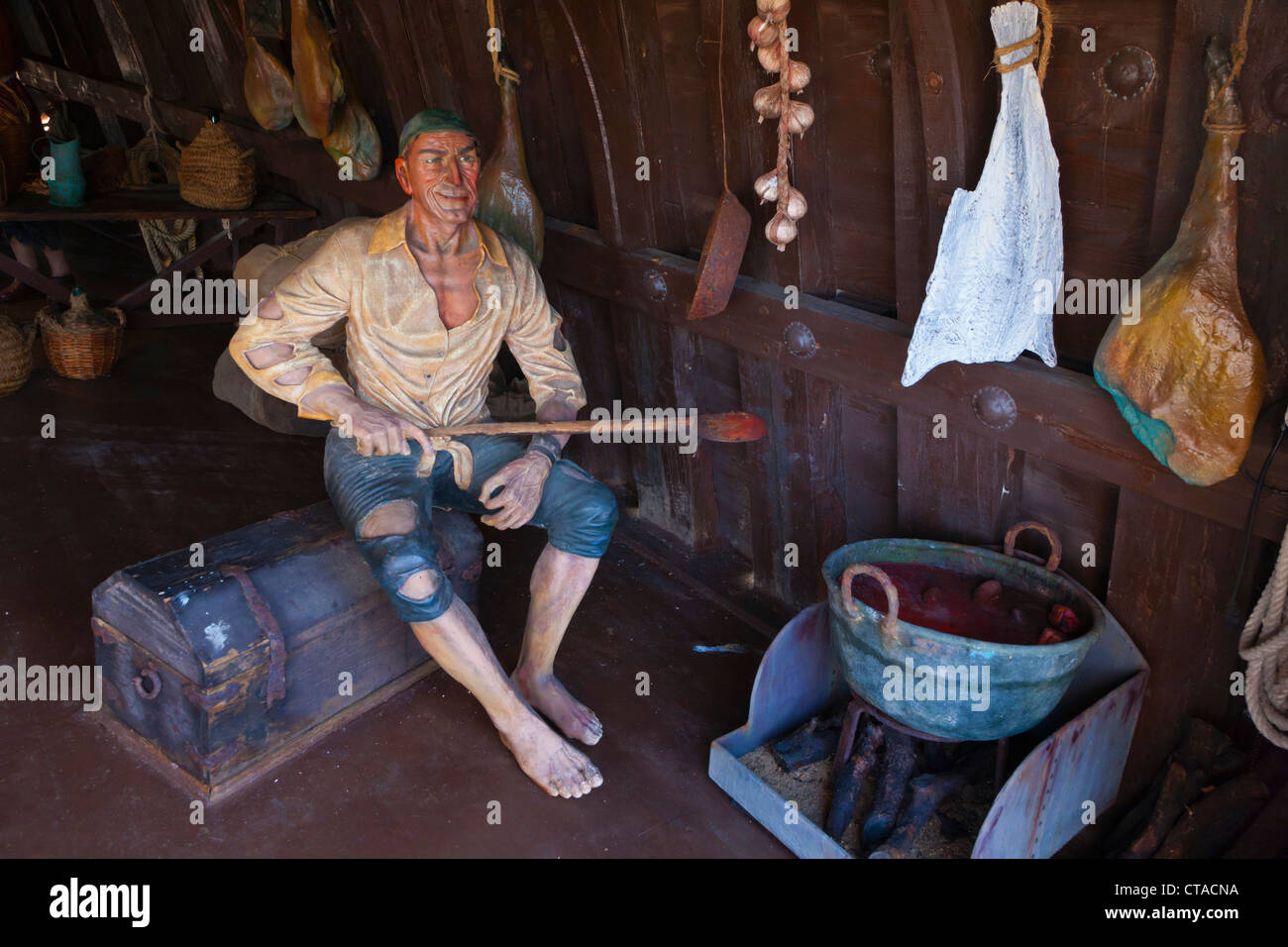 Figure of cook working in the hold of the Santa Maria, Wharf of the Caravels, Palos de la Frontera, Spain Stock Photo