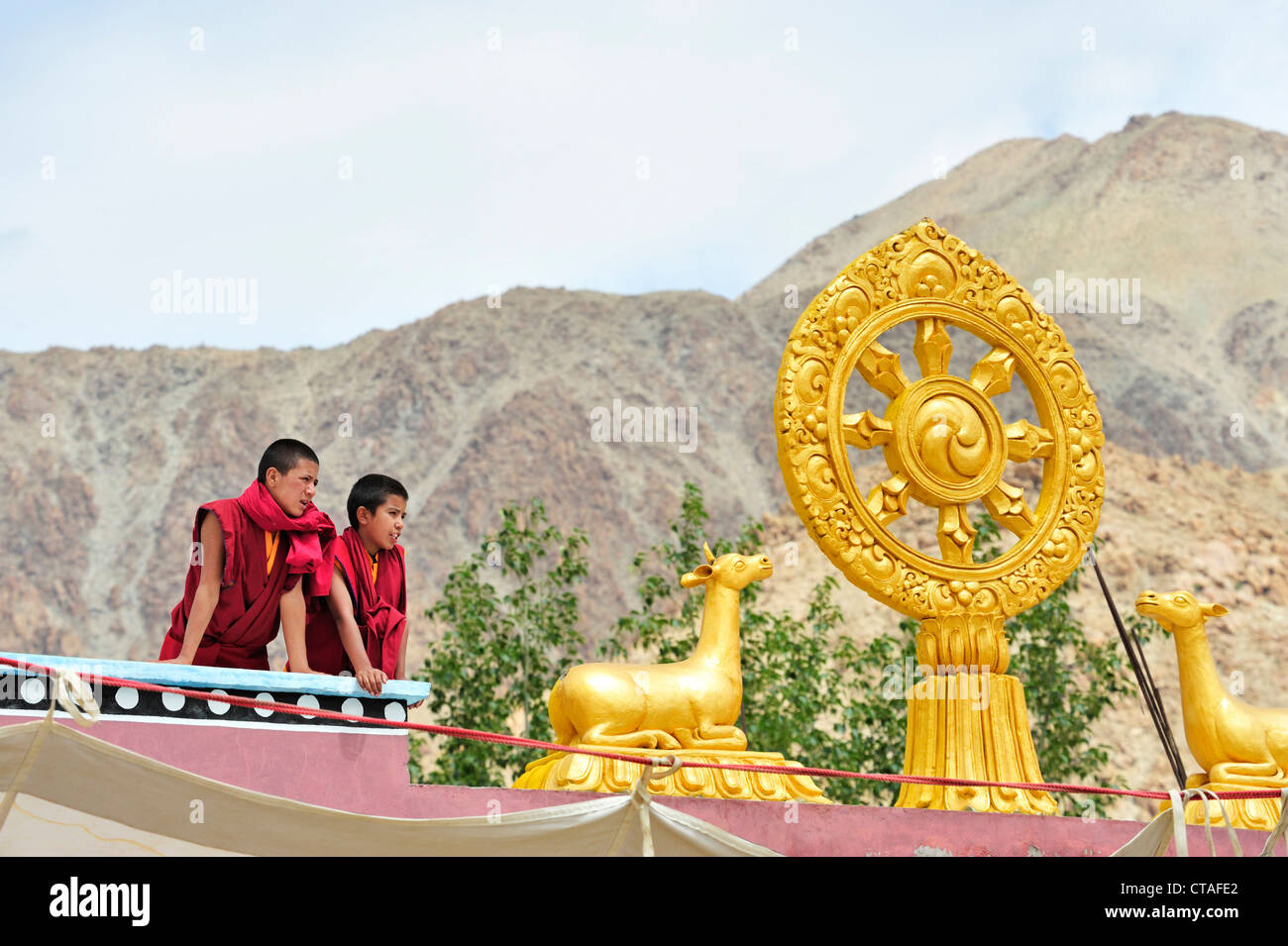 Novices looking from rooftop with wheel of life, monastery festival, Phyang, Leh, valley of Indus, Ladakh, Jammu and Kashmir, In Stock Photo