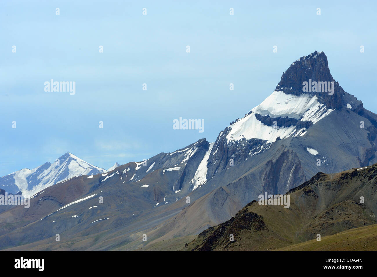 Glacier-covered summit, pass Sirsir La, between Honupatta and Photoksar, Zanskar Range Traverse, Zanskar Range, Zanskar, Ladakh, Stock Photo