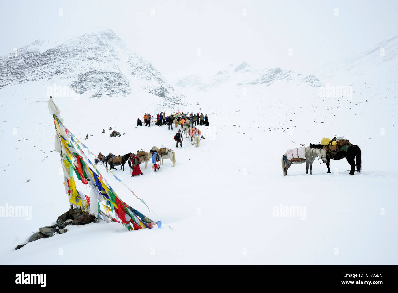 Monks, people and pack animals at snow-covered pass, Shingo La, Zanskar Range Traverse, Zanskar Range, Zanskar, Ladakh, India Stock Photo