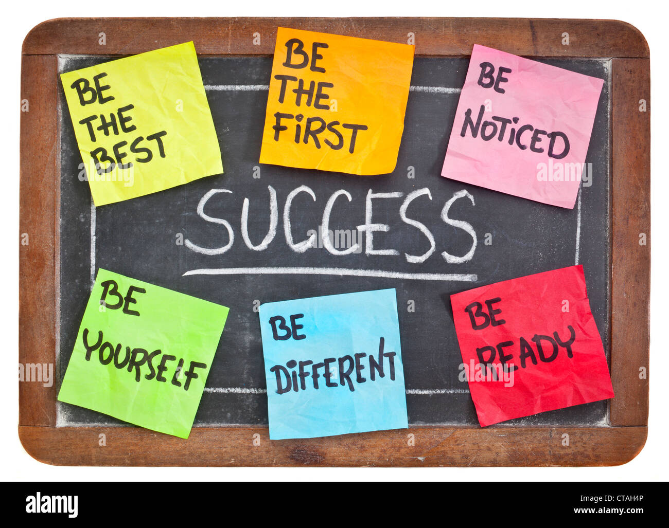 how to successful concept on a blackboard - be the first, the best, different, yourself, noticed, ready Stock Photo