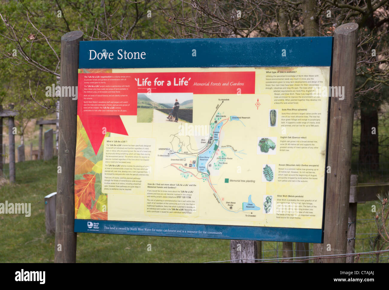 Sign for the 'Life for a Life' memorial forest site at Dove Stone reservoir near Saddleworth, Oldham. Stock Photo