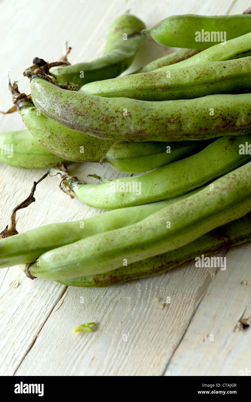 close up image of green pods of braod beans Stock Photo