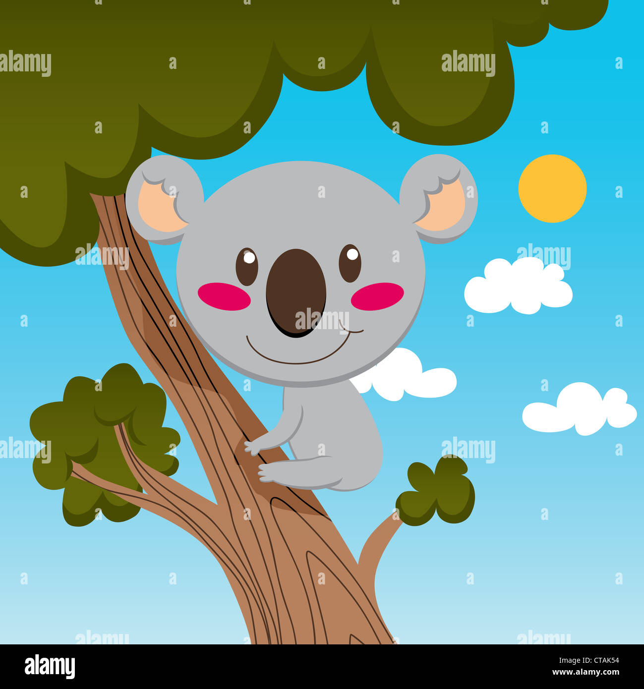 Little koala smiling on a high tree branch enjoying nature Stock Photo
