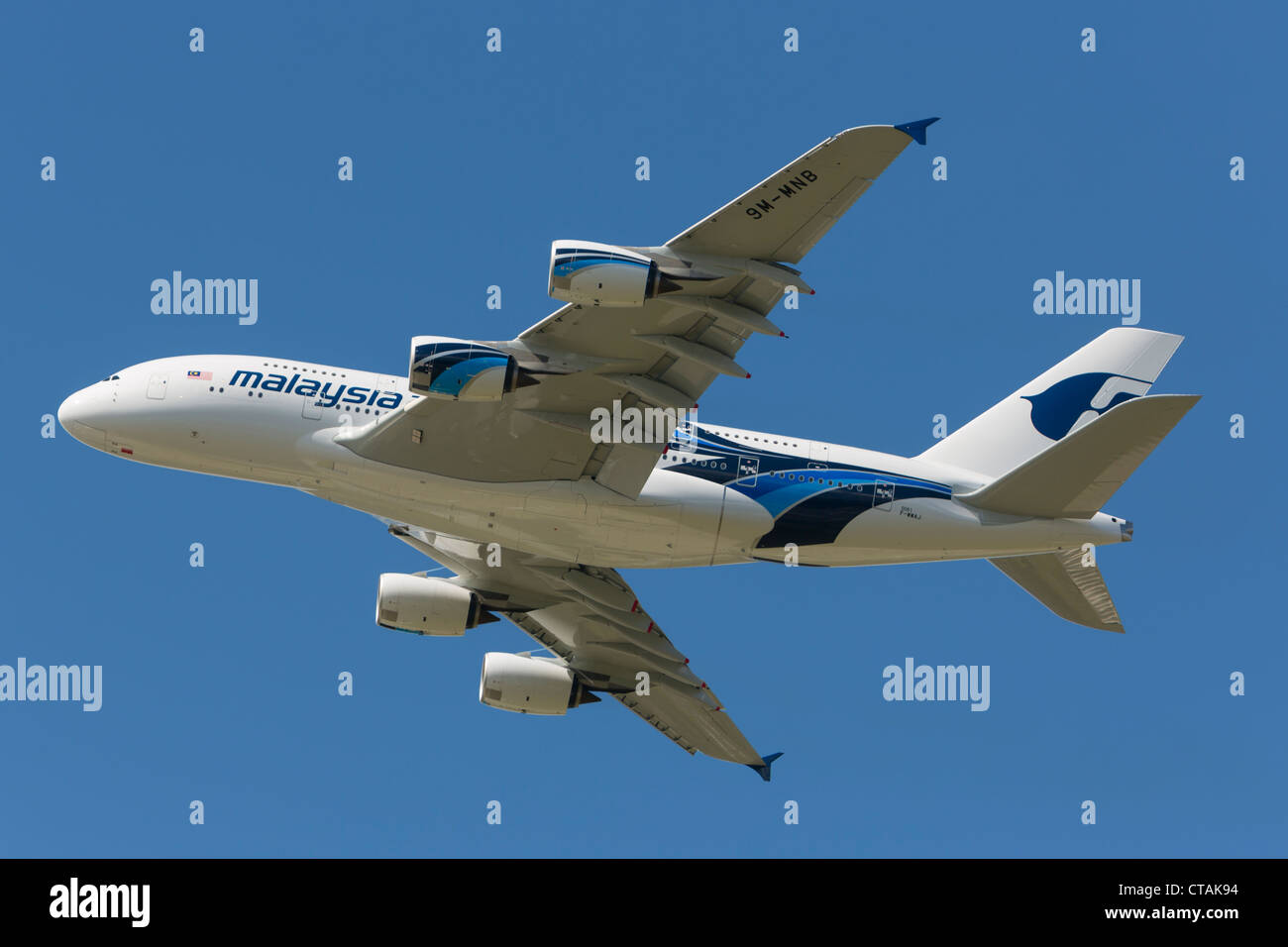 Farnborough International Airshow 2012. Malaysia Airlines new Airbus A380 during a display flight. Stock Photo