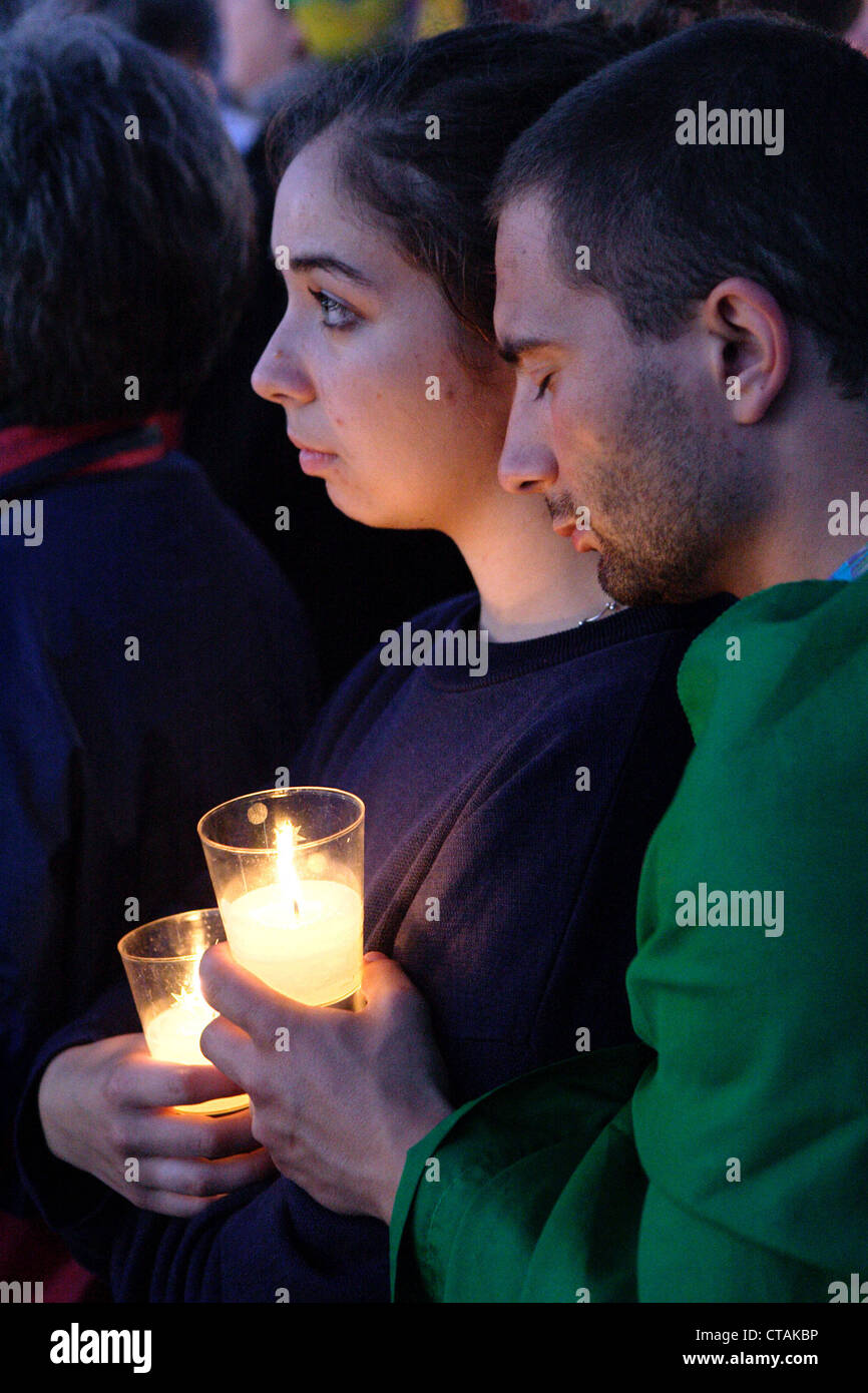 World Youth Day Vigil, youthful pilgrims celebrate with the Pope Stock Photo