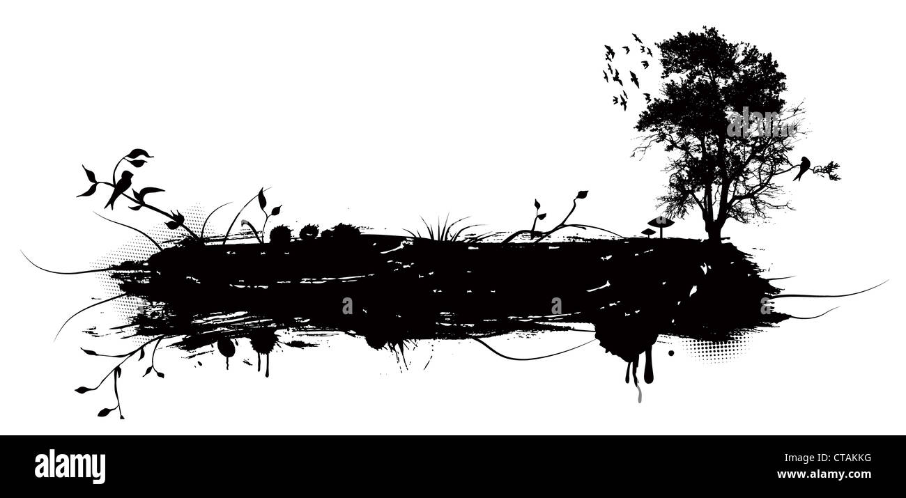 vector grunge illustration with tree and birds Stock Photo - Alamy