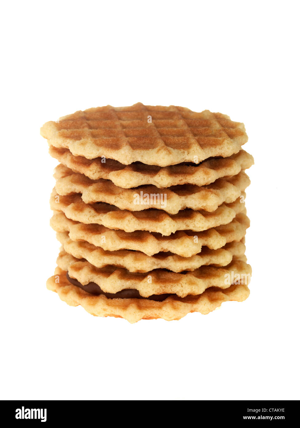 Fresh European Style Tasty Breakfast Chocolate Waffle Sandwich Snacks Against A White Background, With A Clipping Path, And No People Stock Photo
