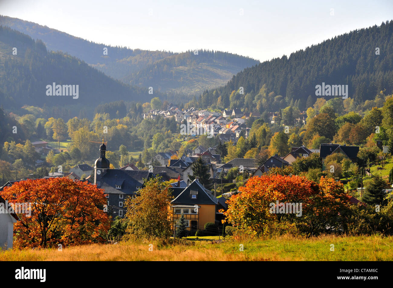 View of Manebach near Ilmenau, Thuringian Forest, Thuringia, Germany Stock Photo