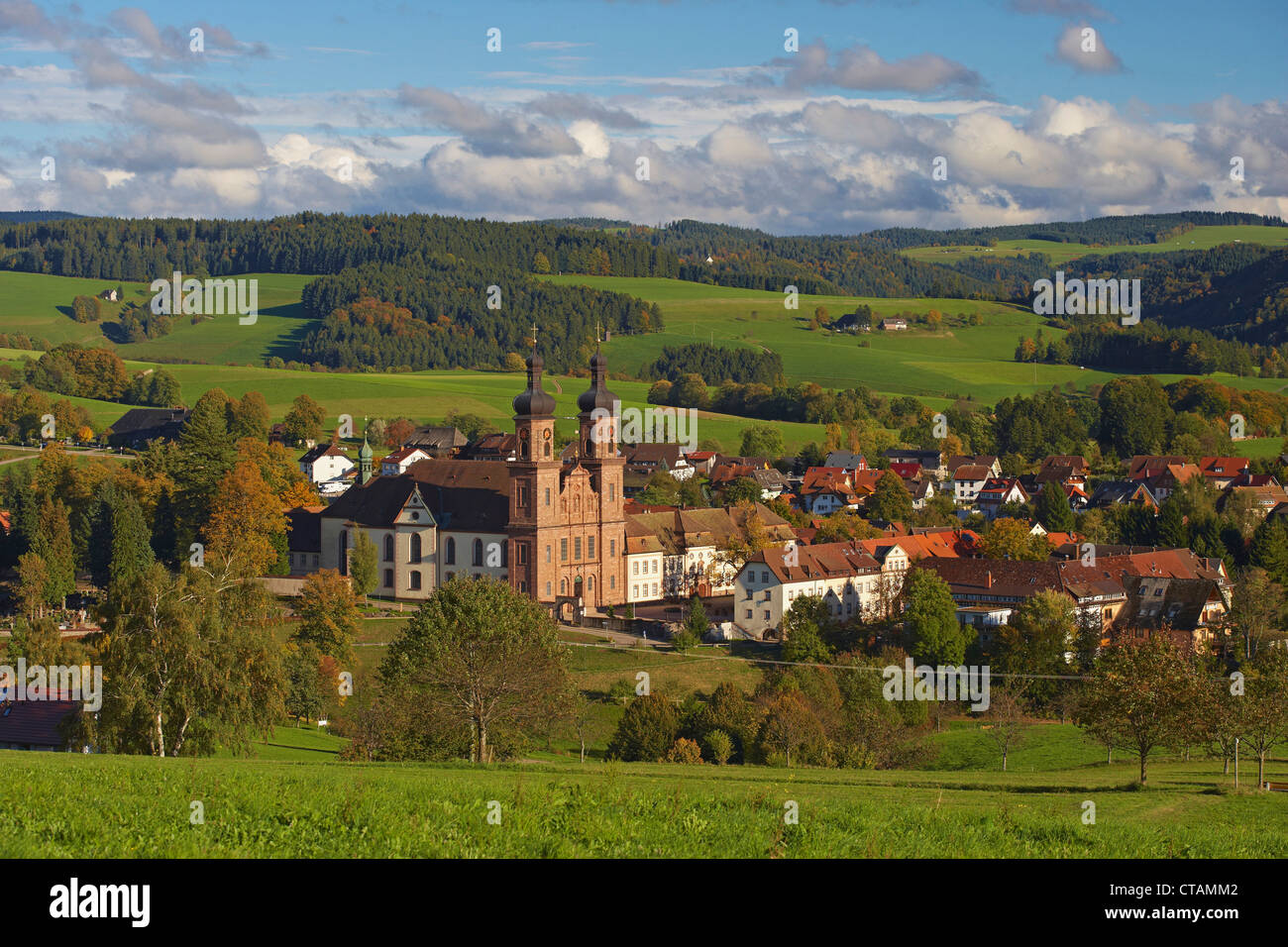 View of  the village of St Peter with abbey, Autumn, Southern Part of Black Forest, Black Forest, Baden-Wuerttemberg, Germany, E Stock Photo
