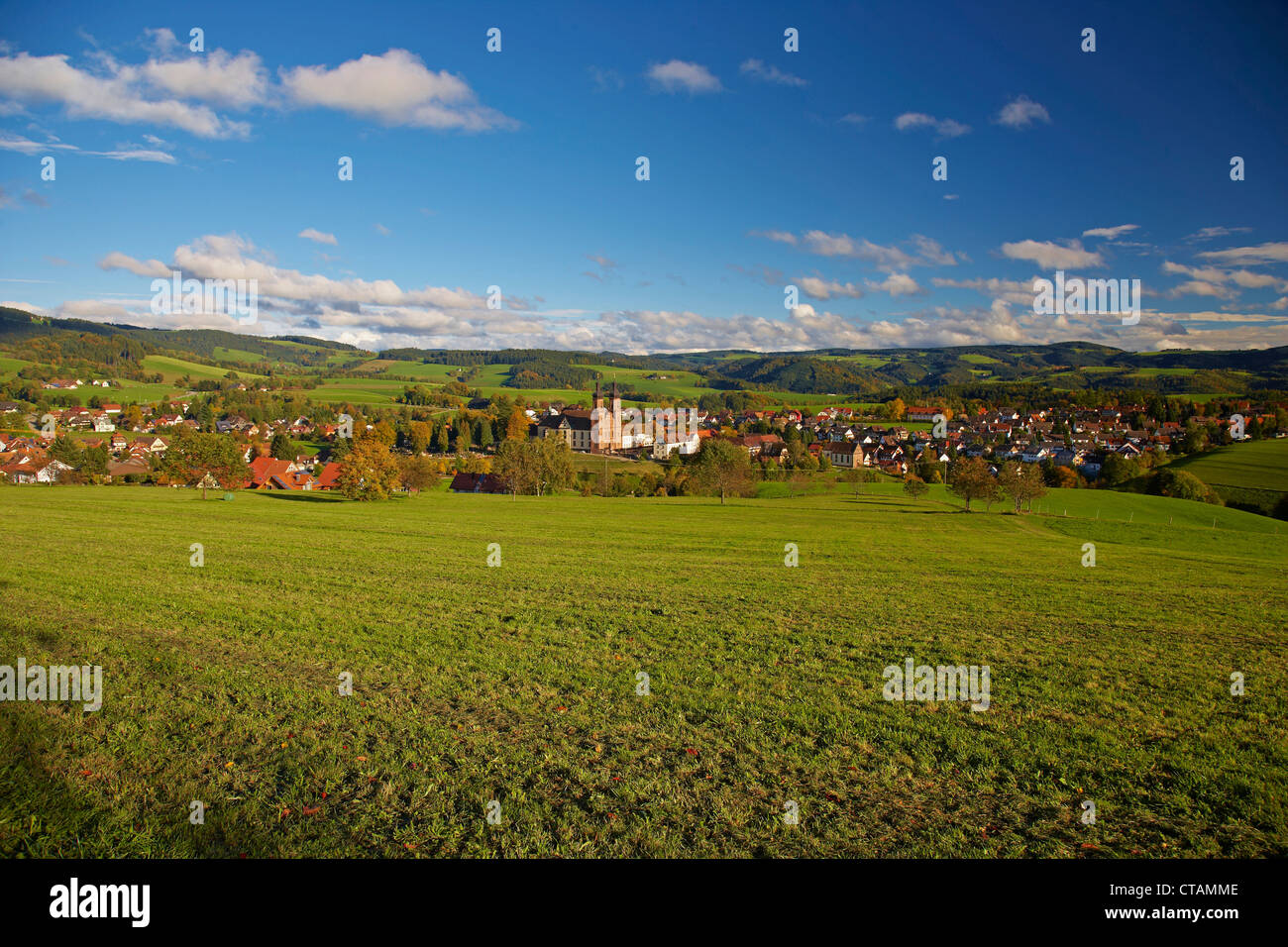 View of the village of St Peter with abbey, Autumn, Southern Part of Black Forest, Black Forest, Baden-Wuerttemberg, Germany, Eu Stock Photo
