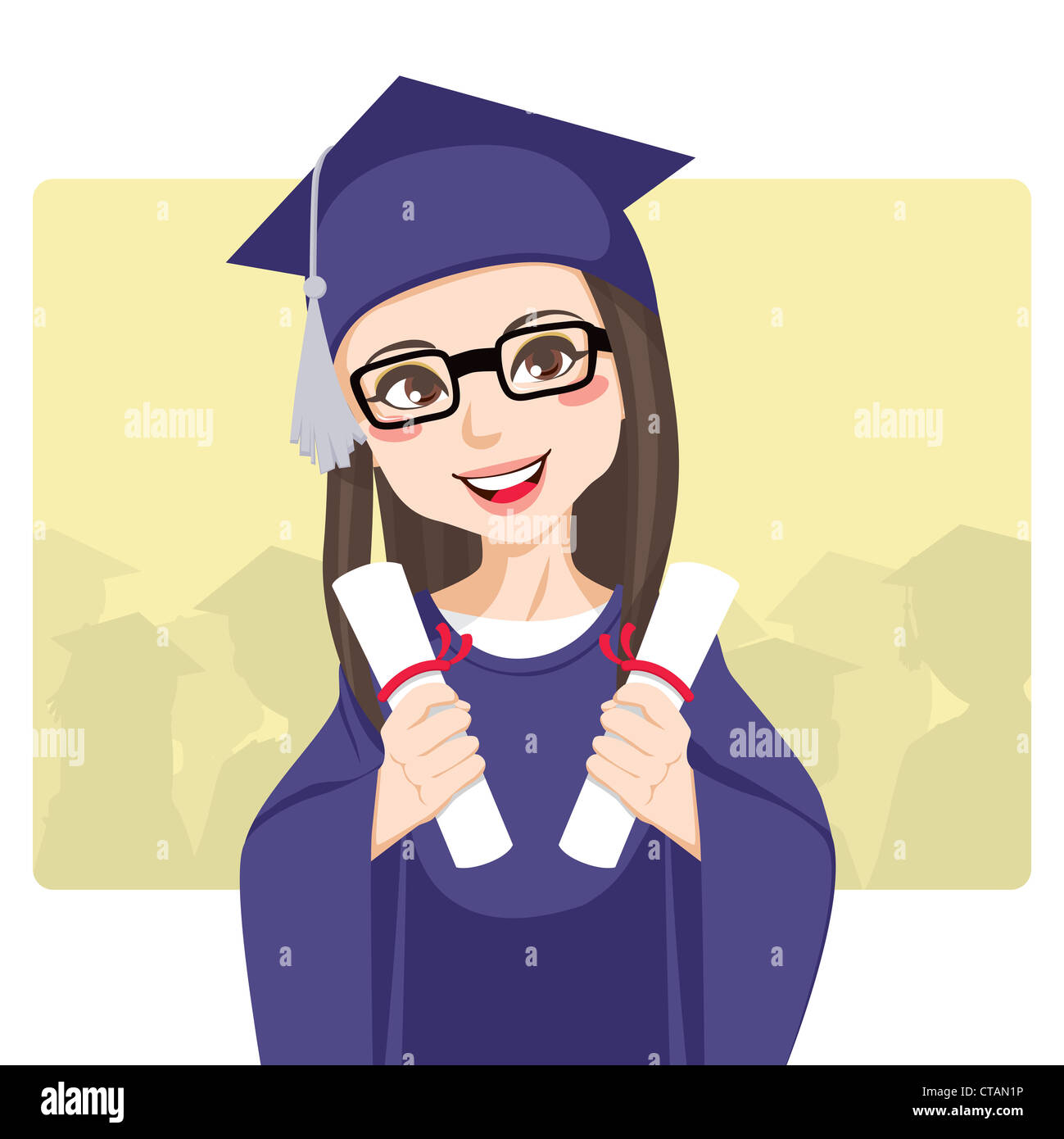 Joyful brunette with eyeglasses celebrating graduation day holding two diplomas on her hands smiling Stock Photo